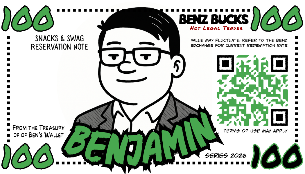 A 100 Benz Bucks note: Snacks & Swag Reservation Note. Not legal tender.